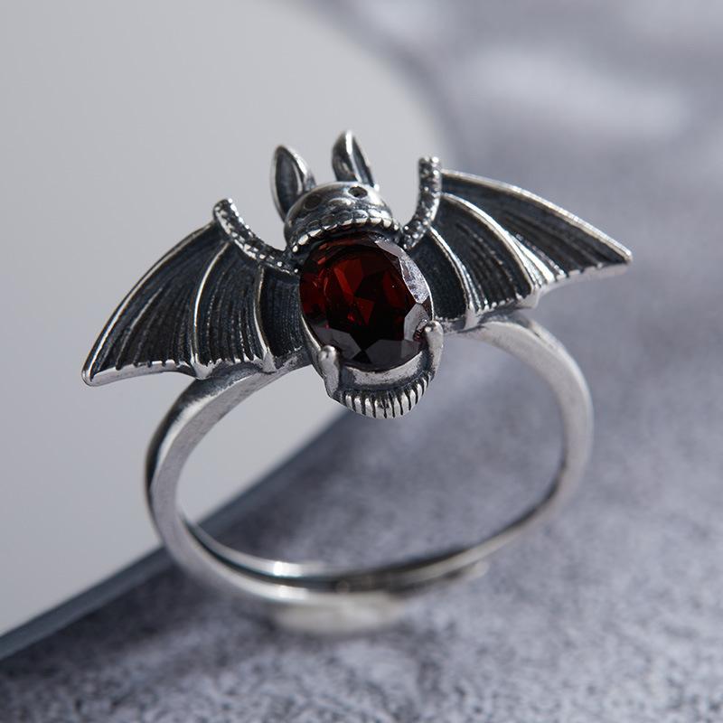 Bat Personality Exaggerated Design S925 Sterling Silver Inlaid With Natural Garnet Thai Silver Ring For Women