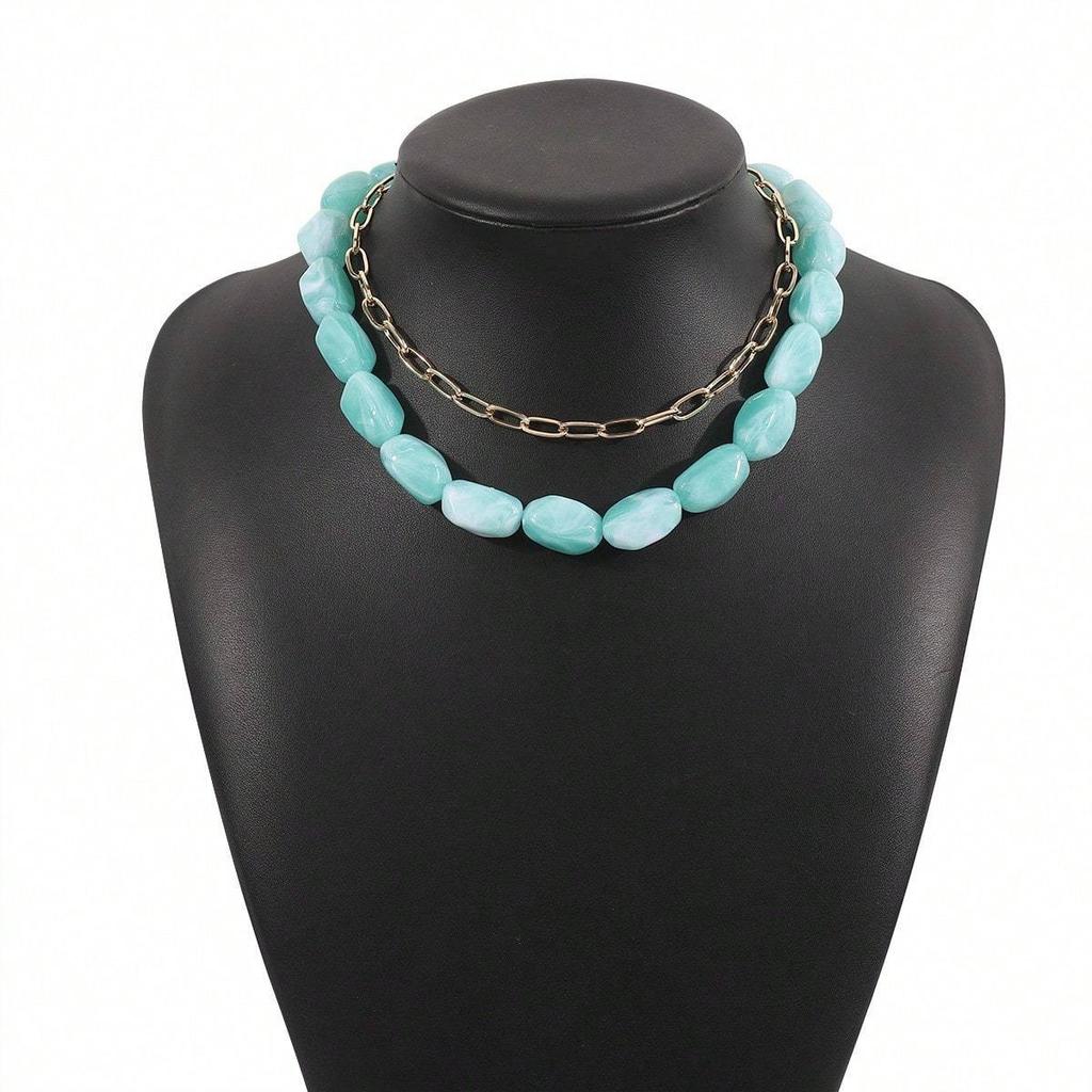2pcs/Set Summer Creative Geometric Layered Colorful Resin Chain Necklace Set, Suitable For Daily Wear
