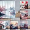 Japanese Cherry Blossom Watercolour Shower Curtain Mount Fuji Scenery Pavilion Chinese Ink Painting Bath Curtains Bathroom Decor