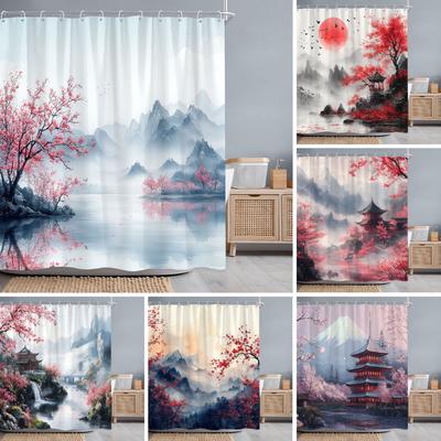 Japanische Kirschblüte Aquarell Duschvorhang Berg Fuji Landschaft Pavillon Chinesische Tuschemalerei Badezimmer Vorhänge Badezimmer Dekor