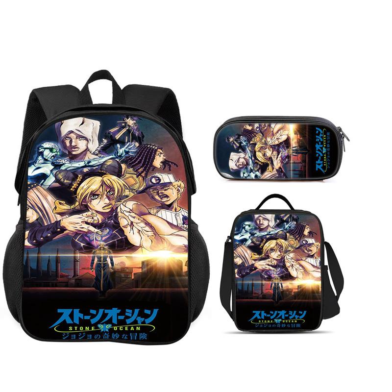 JoJo's Bizarre Adventure 3er Set Rucksack Federmäppchen Eisbeutel Langlebig Trendig Vielseitig Schuljunge und Mädchen Geburtstag Bestes Geschenk