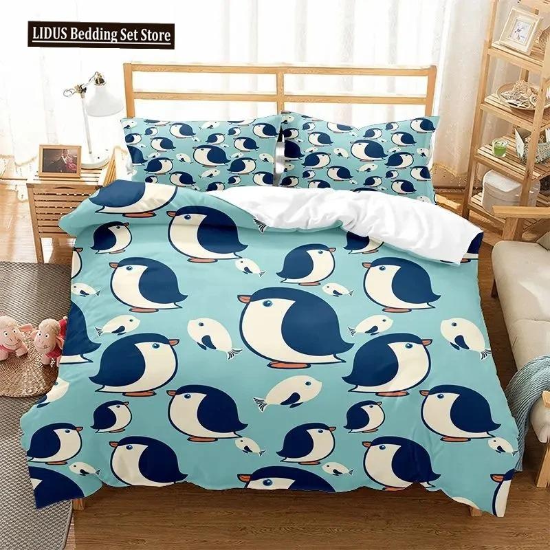 Cartoon Penguin Duvet Cover Set For Boys Girl Animated Antarctic Animal Polyester Quilt Cover White Black King Queen Size