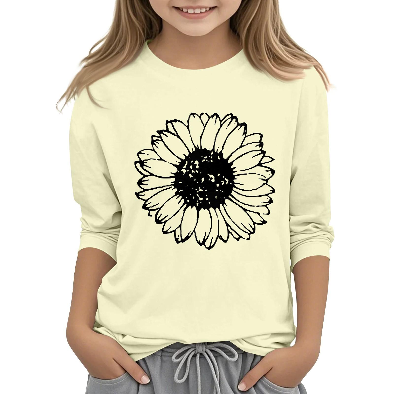 Children s 7 Point Sleeve Printed Sunflower Round Neck Casual T-shirt 110