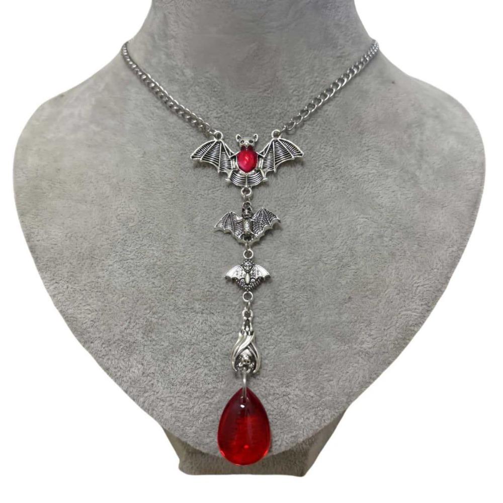 Gothic Exaggerated Sliver Color 4 Vampire Bats Red Teardrop Glass Crystal Pendant Necklace for Men Women Halloween Party Jewelry