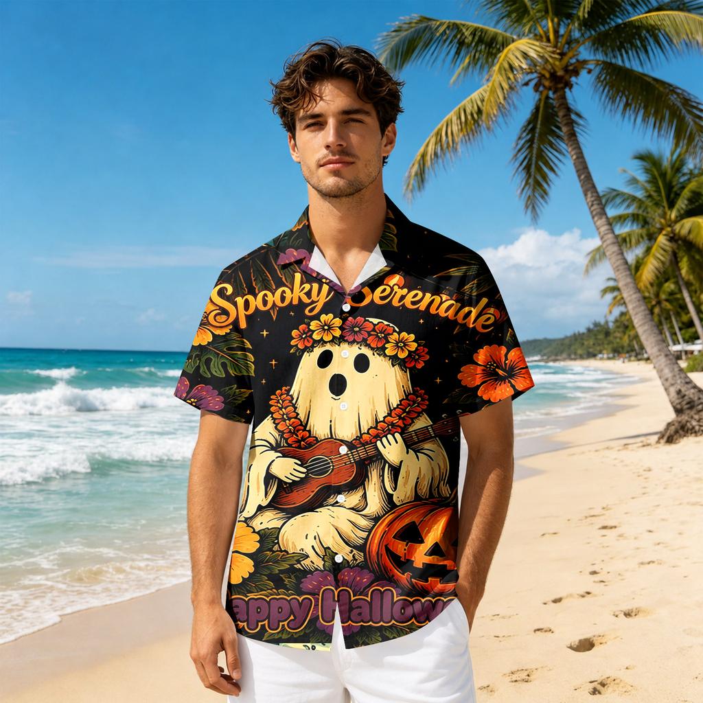 Men's Short Sleeve Casual Button Down Shirt Halloween Print Relaxed Fit Collared Shirt Lightweight Breathable Fabric