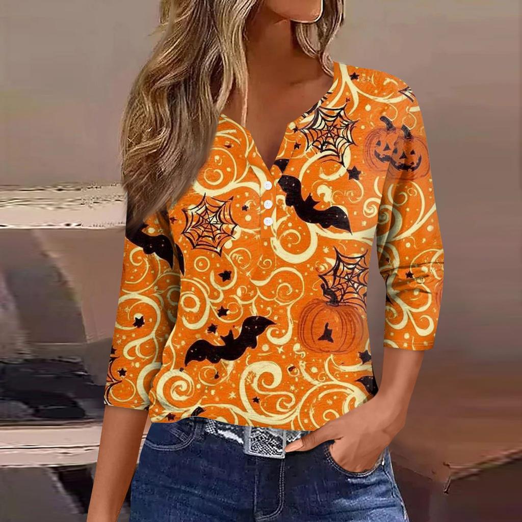 Women's V-Neck Button Halloween Three-quarter Sleeve T-Shirt Top