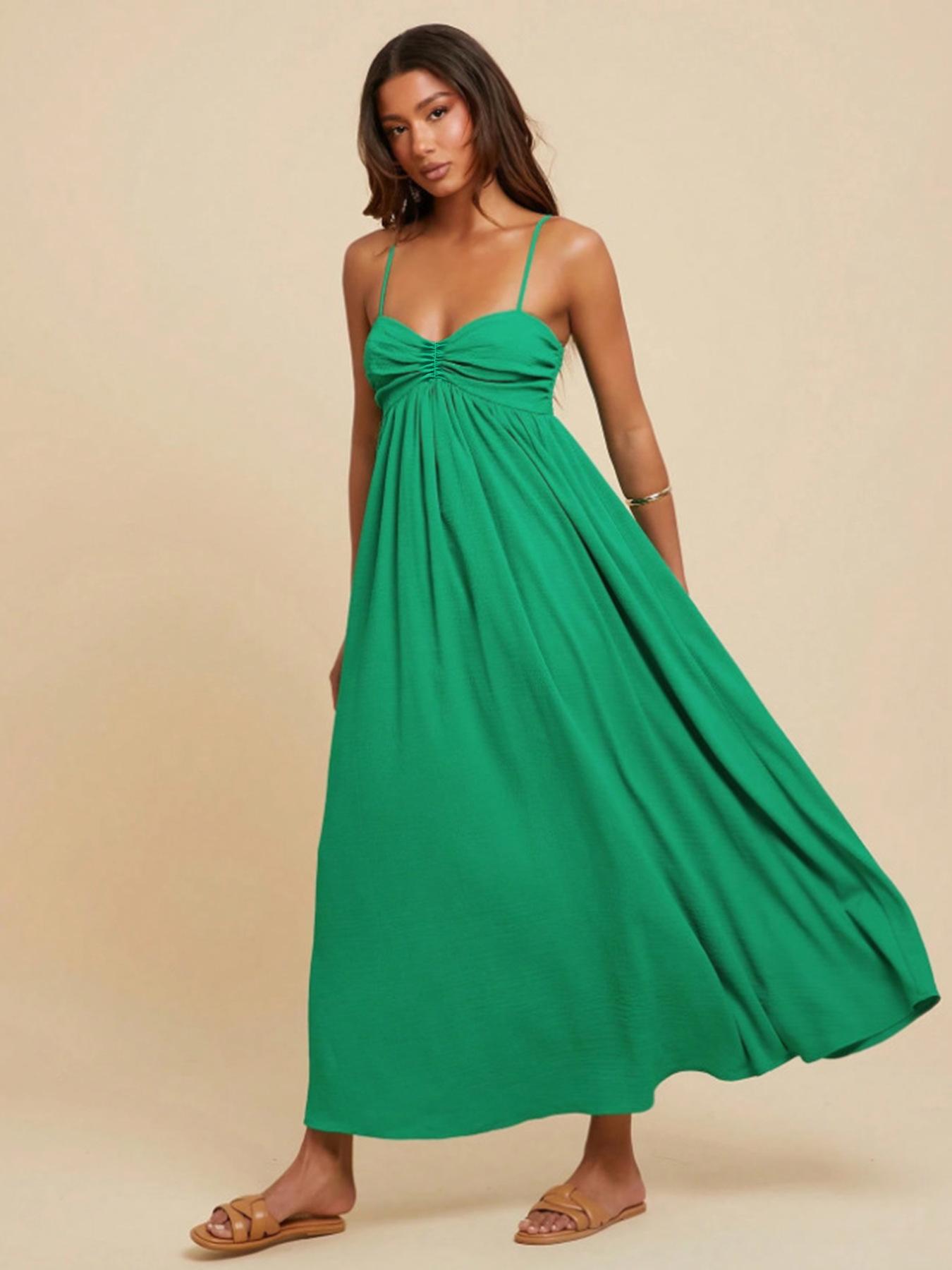 Summer New A-shaped Dress Beach Vacation Bohemian Low Chest Sexy Suspender Dress S зелёный