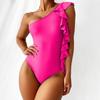 Women's Solid Color One-Piece Ruffle One Shoulder Bikini With Chest Pad Without Steel Bra Swimsuit