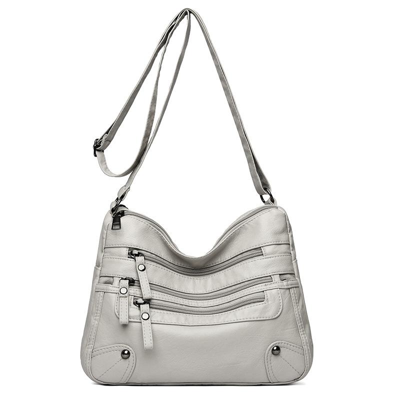 Solid Color Multi Zipper Bag Vintage Soft Leather Shoulder Bag  Casual Crossbody Purse For Work