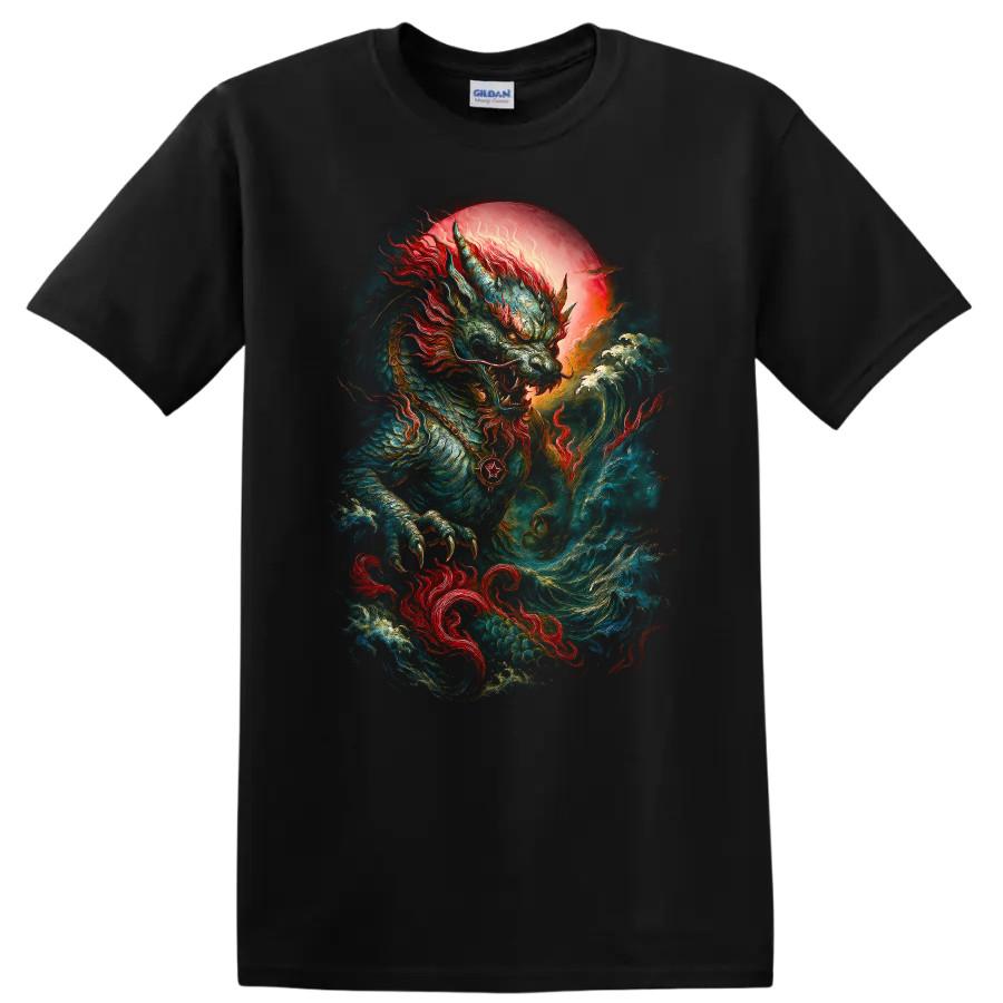 Japanese Dragon T Shirt Epic Design with Waves Mythical Creature Tee