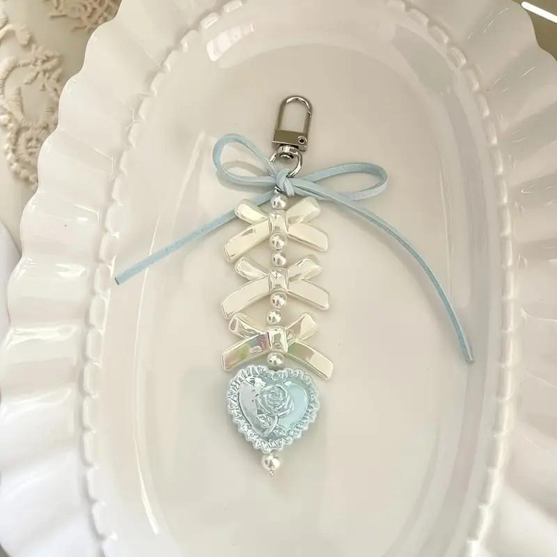Sweet Heart Shape Pendant Keychain Bow Ribbon Beaded Key Chain For Women Phone Lanyard Backpack Decoration Accessories Gifts