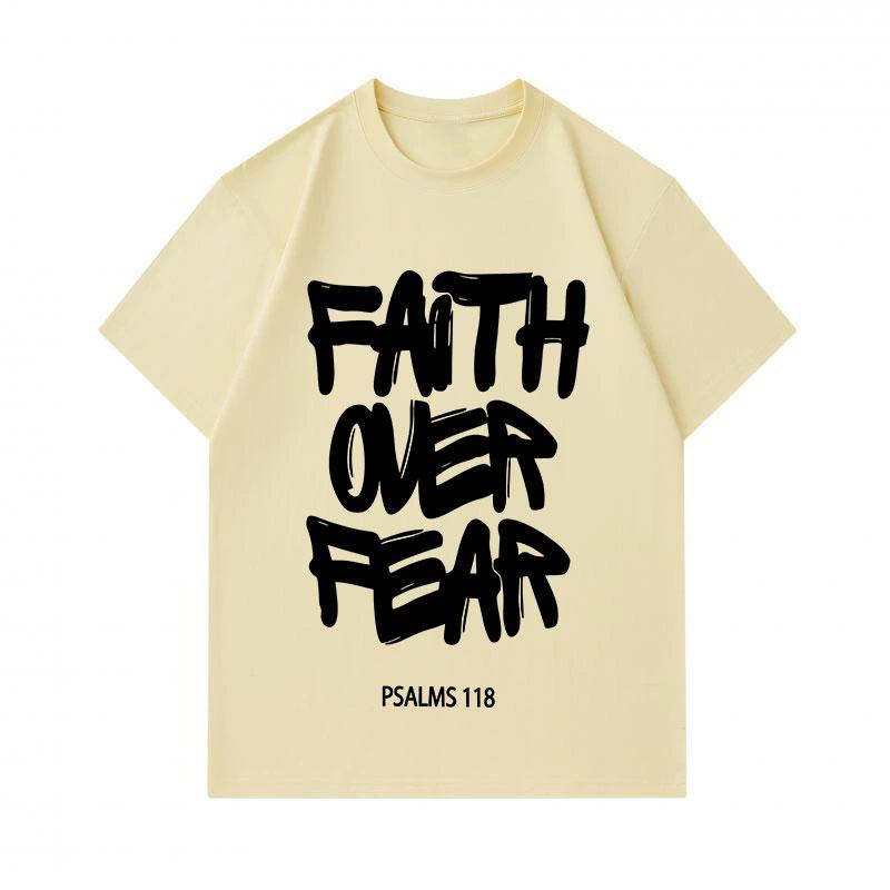 Men 100% Cotton Crew Neck Short Sleeve T-Shirt, Faith Over Fear Psalms 118 Print Casual Comfortable Tee, Religious Inspirational Graphic Loose Fit Sum