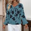 Women's Casual Fashion Ruffled V-Neck Pocket Floral Print Long Sleeve Top