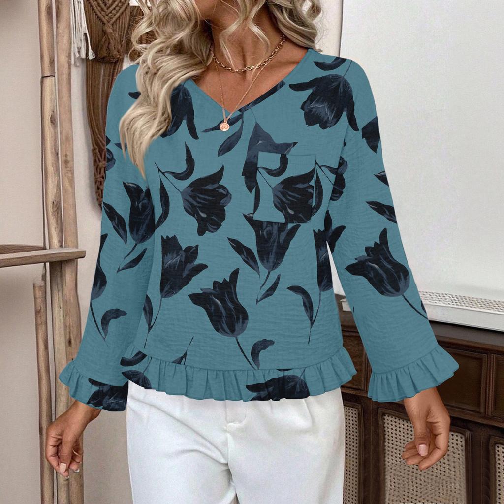 Women's Casual Fashion Ruffled V-Neck Pocket Floral Print Long Sleeve Top