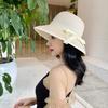 Small Fresh Bow Beige Curled Edge Small Straw Hat Women'S Summer Sunshade Sunscreen Vacation Beach Sun Hat Tide