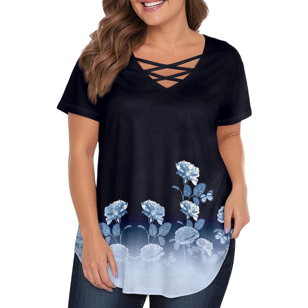 Women's Fashion Casual Printed V-Neck Short Sleeve Large Size T-Shirt Top
