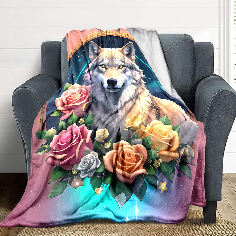 1pc Wolf Roses Blanket, Lightweight Flannel Fleece with Digital Printing, Soft Warm for Sofa, Travel, Camping, Office, Couch, Chair, and Bed, All-Seas