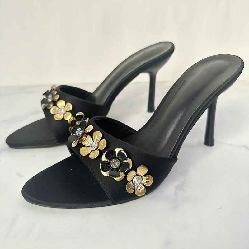 

Fashion Luxury Rhinestones Metal Flowers Decor Women Slippers Sandals Summer Elegant Thin High heels Mules Slides Fashion Party Shoes 42 чёрный