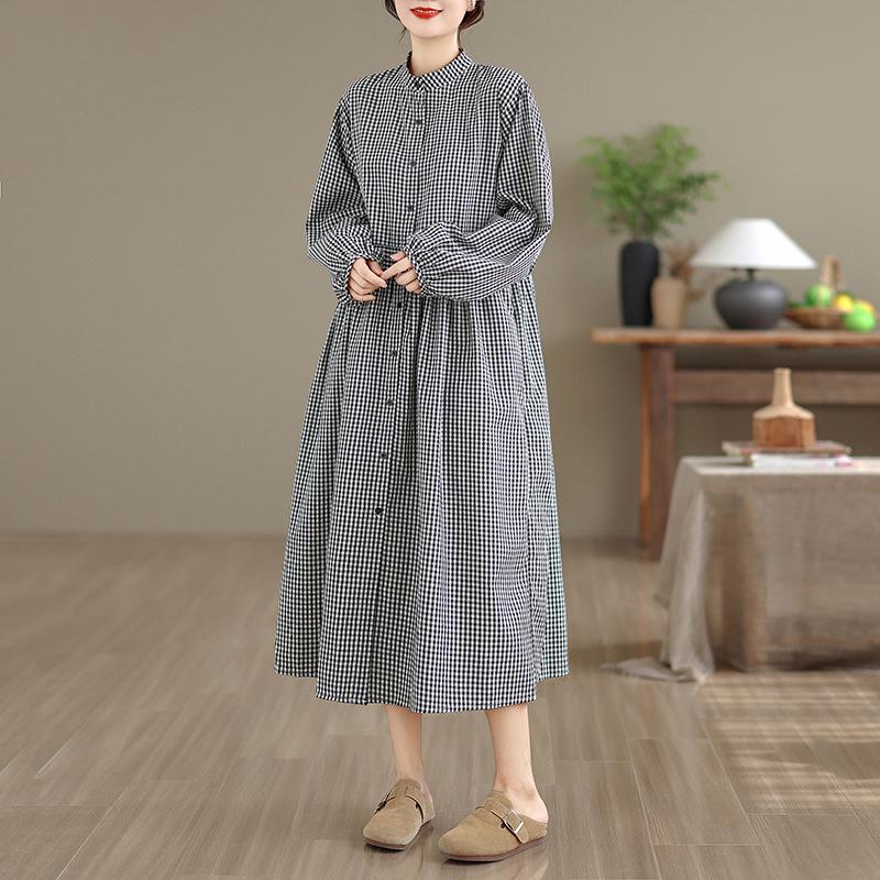 Spring Plaid Linen Dress: Women s Retro Long Sleeve Design Skirt XL