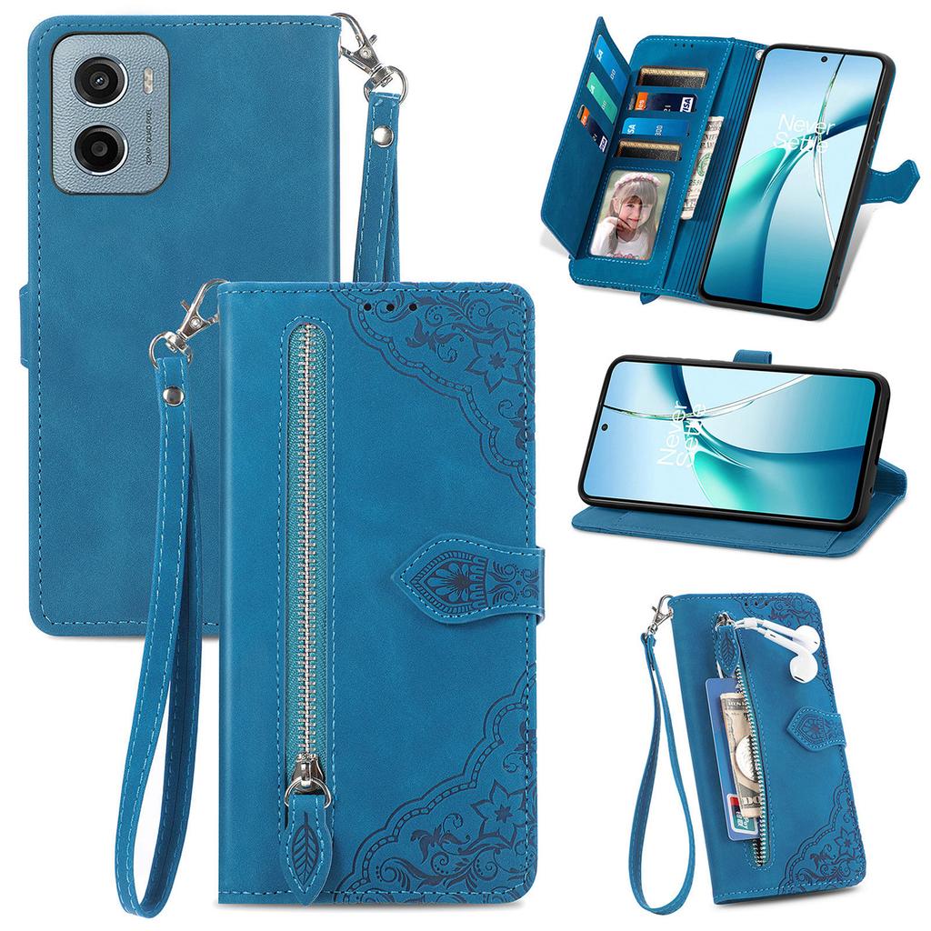 For Motorola Moto G05 4G Zipper Wallet Case with Strap Flower Imprint PU Leather Phone Cover