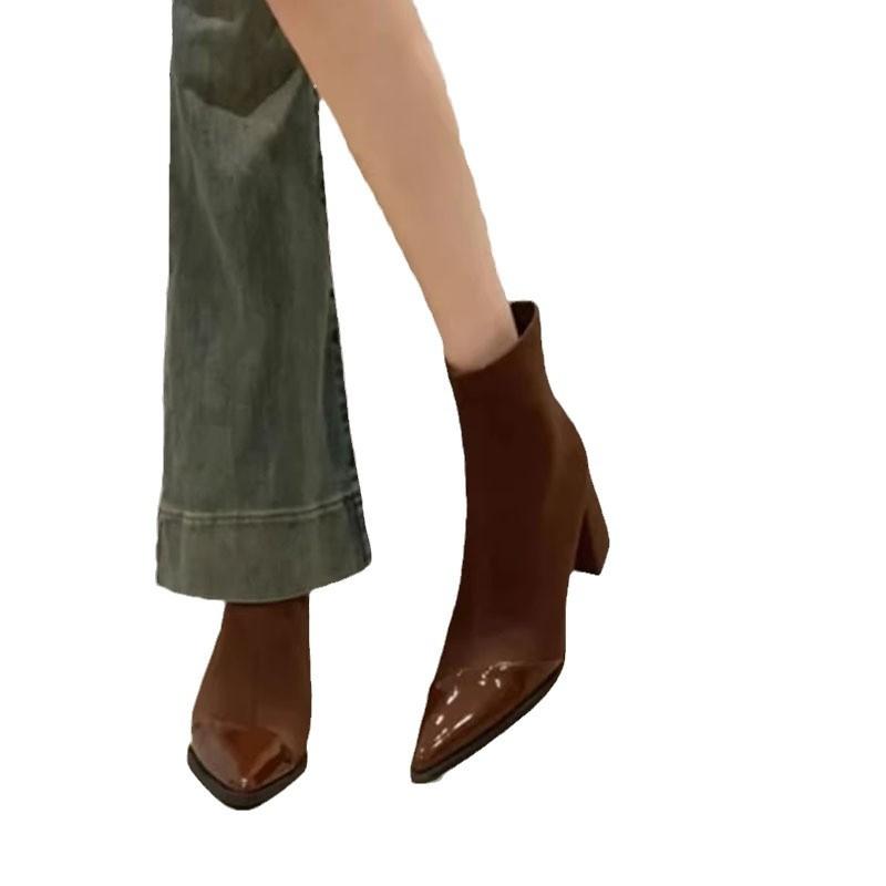 Soft leather version~ French thin elastic short boots women's small fragrant style splicing pointed thick heel thin boots high heel thin boots