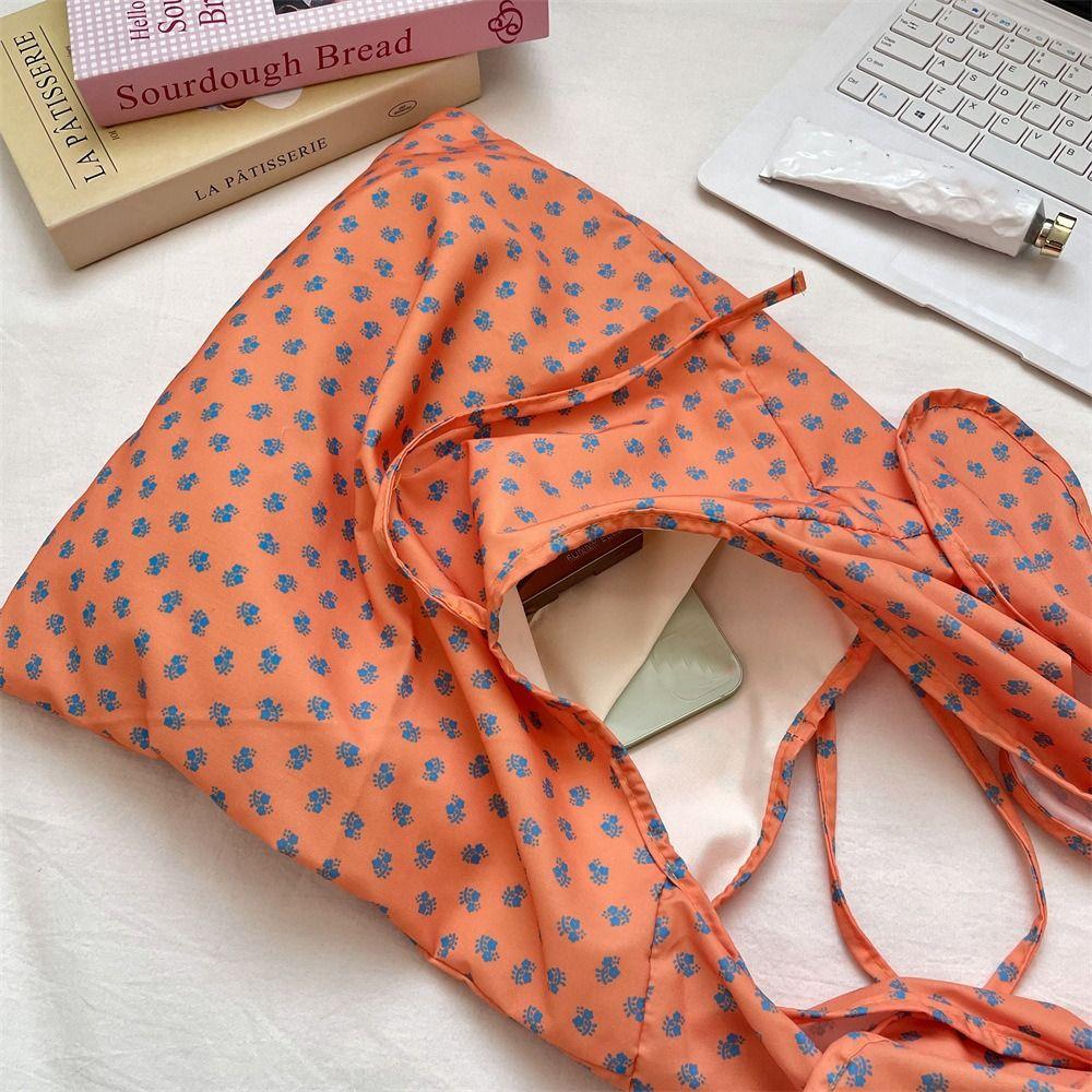 Prined Floral Pattern Canvas Bag Lightweight Handbags Fashion Tie Bow Shoulder Bag  Outdoor