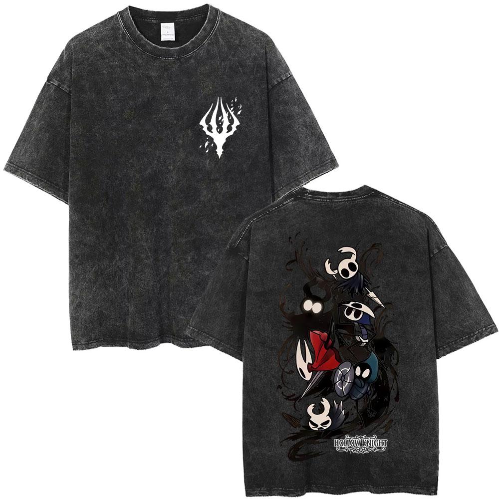 T-shirt Vintage Lavé Imprimé Graphique Hollow Knight Homme Femme Mode Décontracté Oversize Streetwear