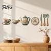 Peel Stick Dining Room Decor 7Pcs 2D Flat Kitchen Wooden Wall Decor, Retro Teapot Tableware Themed Easy to Apply Art, Self‑Adhesive Plaques for Home