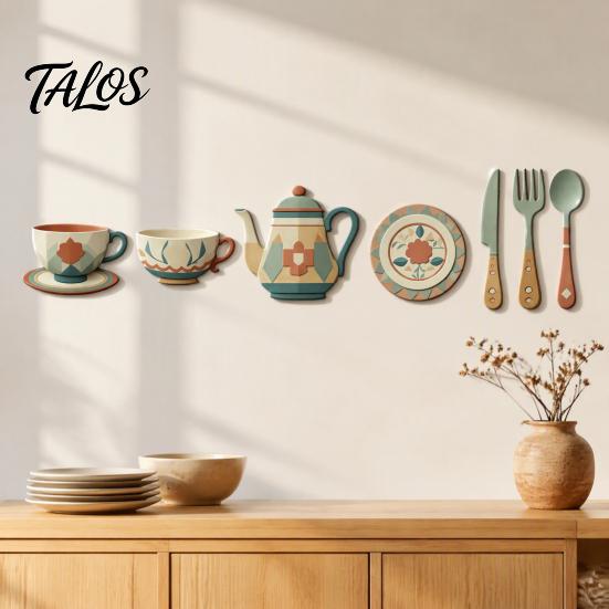 Peel Stick Dining Room Decor 7Pcs 2D Flat Kitchen Wooden Wall Decor, Retro Teapot Tableware Themed Easy to Apply Art, Self‑Adhesive Plaques for Home