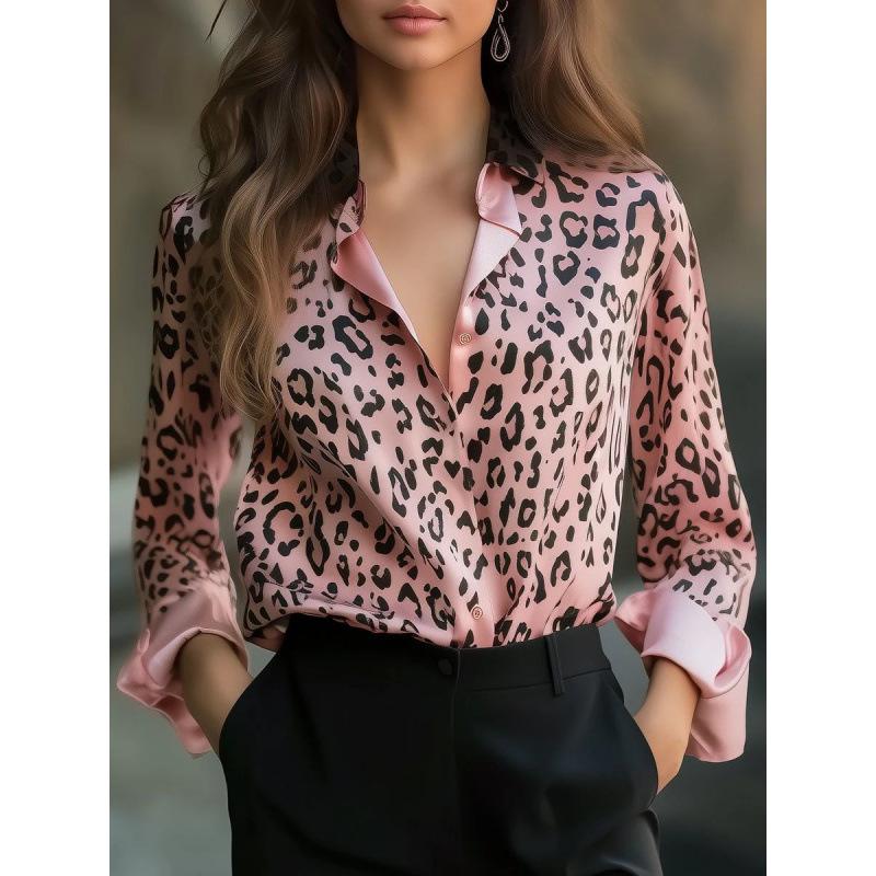 2025 Spring Leopard Print Satin Casual Loose Button-Up Shirt for Women
