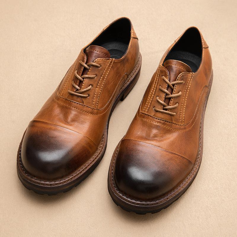 British Retro Handmade Casual Leather Shoes Men'S Leather Round Head Business Dress Commuter Leather Shoes Wedding Shoes Tooling Shoes Soft Sole