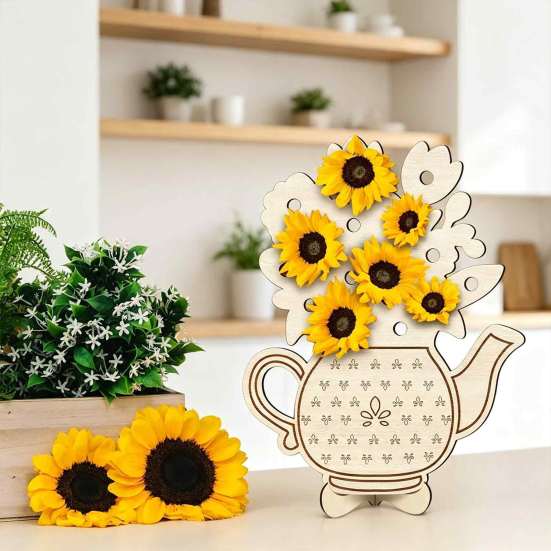 Home Soft Furnishing Wooden Teapot Shape Flower Holder, Natural Wood Floral Display Stand, DIY Hand Painted Art Blank Vase Decor for Artificial