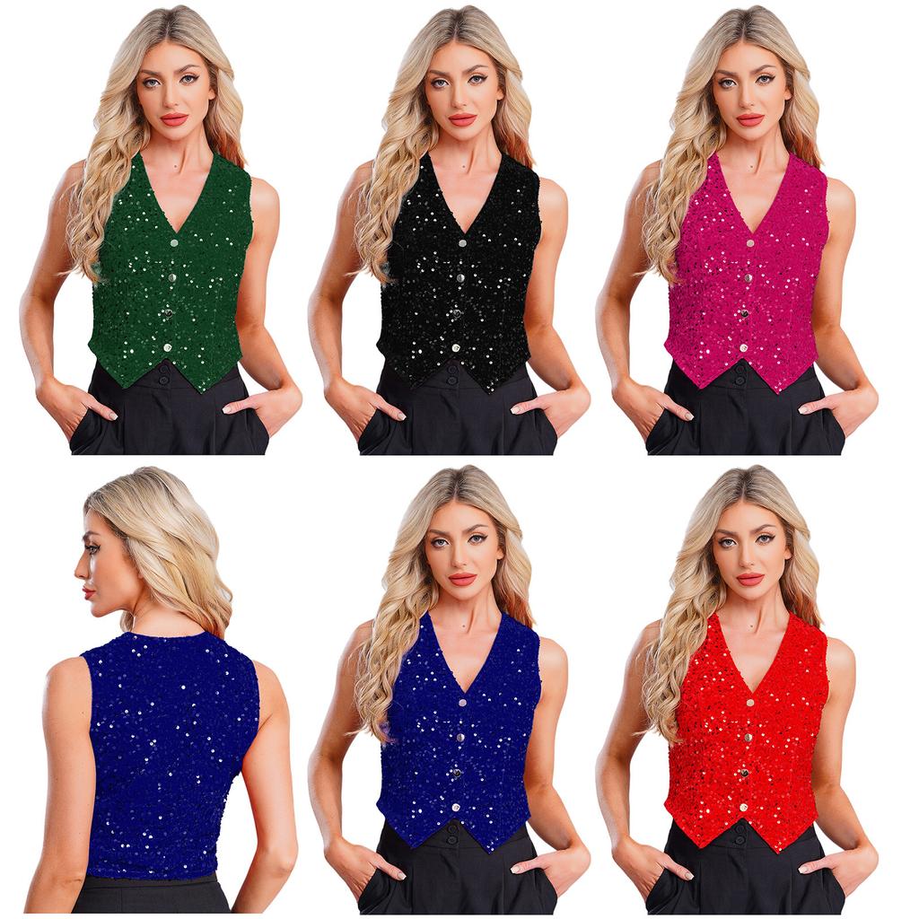 Women Sparkly Sequin Vest Sleeveless V-neck Irregular Hem Party Top for Cocktail Banquet Nightclub Summer