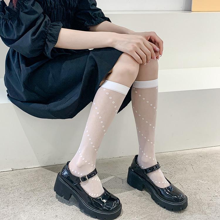 

Spring And Summer Twill Jk Girl Lolita Calf Socks Polka Dot Medium Tube Socks White Generation Color Black Stockings Summer One size fits all