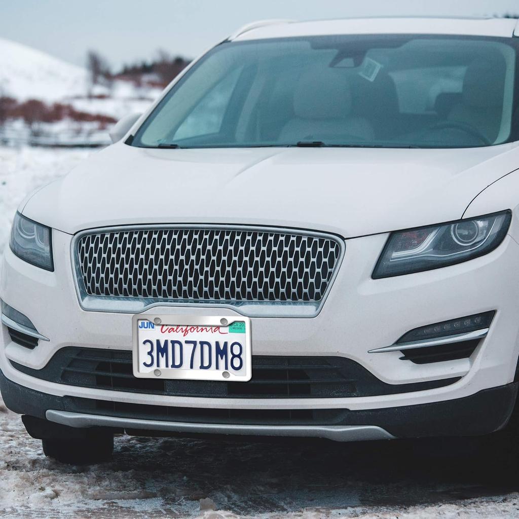 BGGTMO Stainless Steel License Plate Frames- 2 Pack Heavy Duty Polished Mirror Car Tag Cover With Chrome Screws Caps, 4 Holes Front & Rear Holders