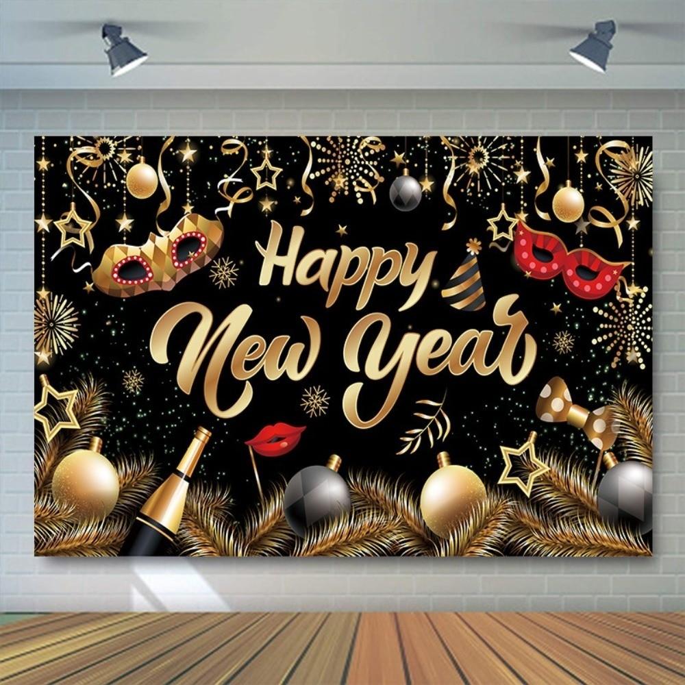 Black Gold 2026 New Year Backdrops Colorful Balloon Night Glittering Celebration Banner Champagne Polyester Party Background
