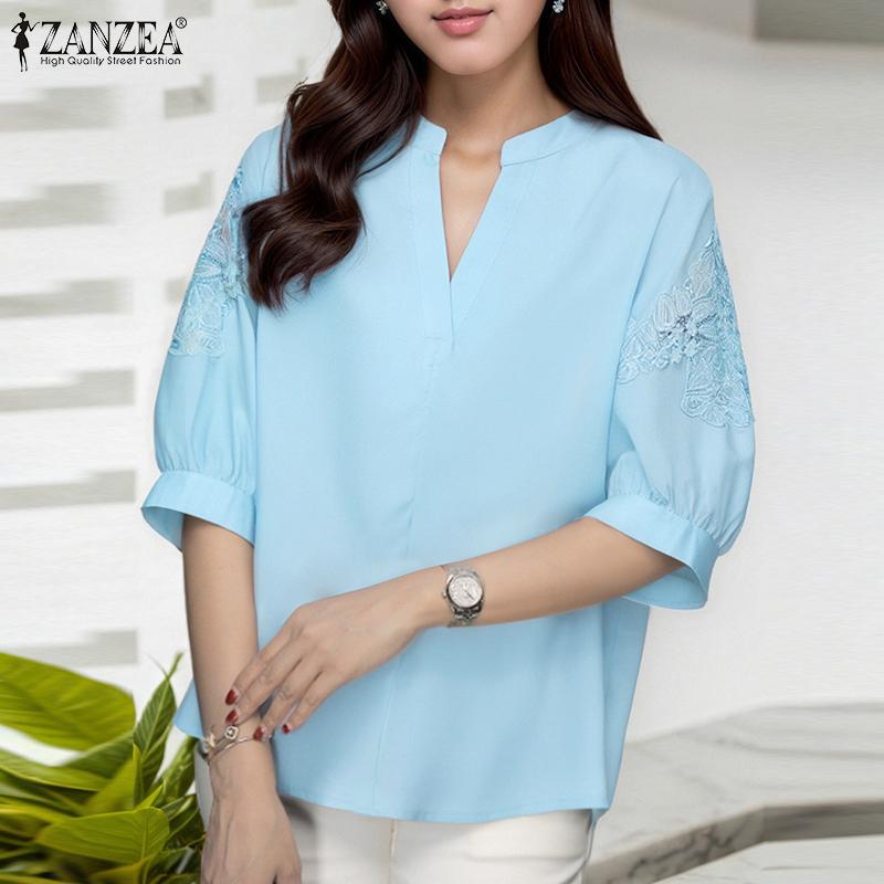 

ZANZEA Women Casual V-Neck Embroidery Patchwork Half Sleeve Blouse S синий