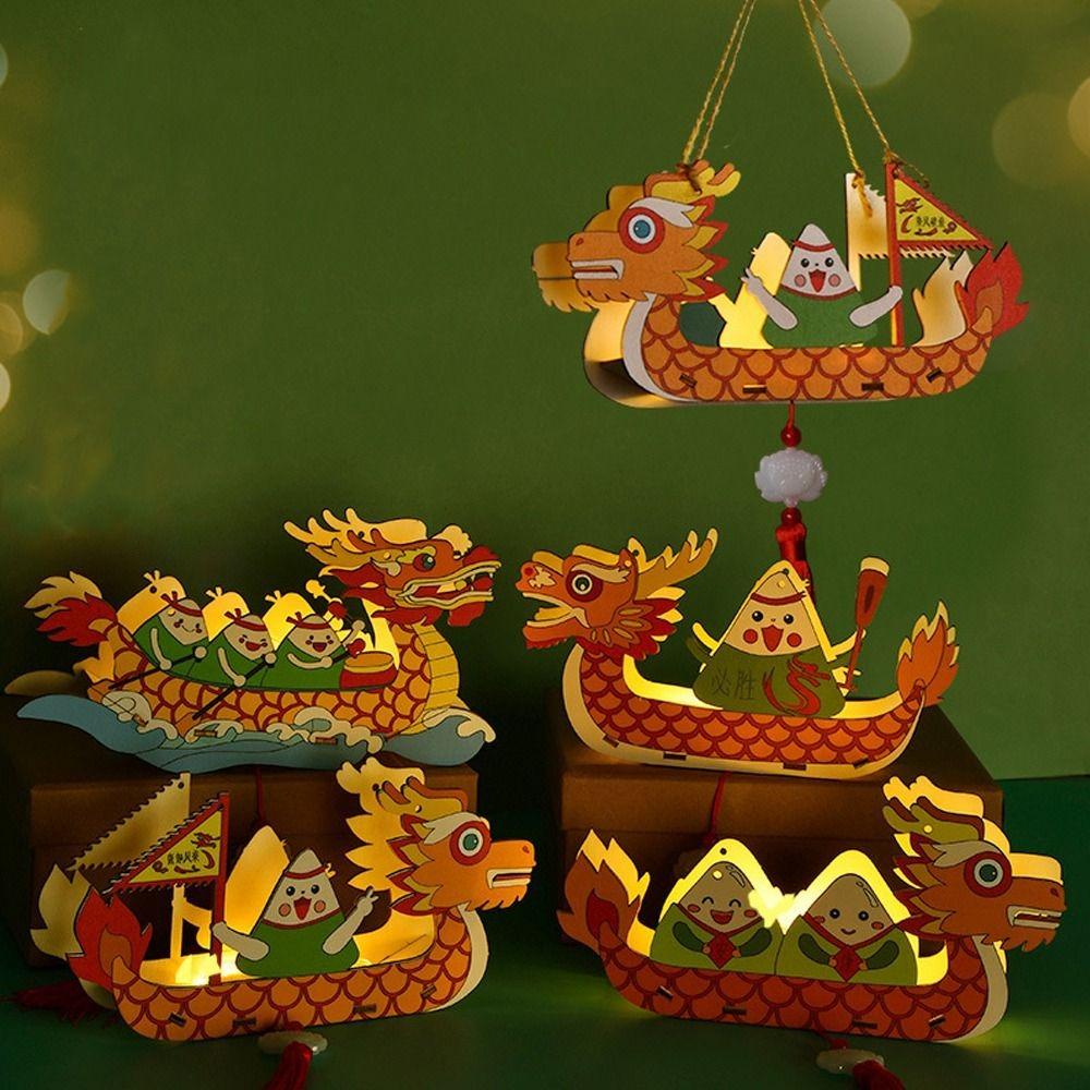 

Wooden Dragon Boat Lantern Handmade Portable Lantern Festival Coloured Lantern New Year