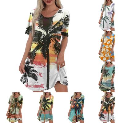 Women's Casual Fashion V-Neck Short Sleeve Hawaiian Print Pocket Dress