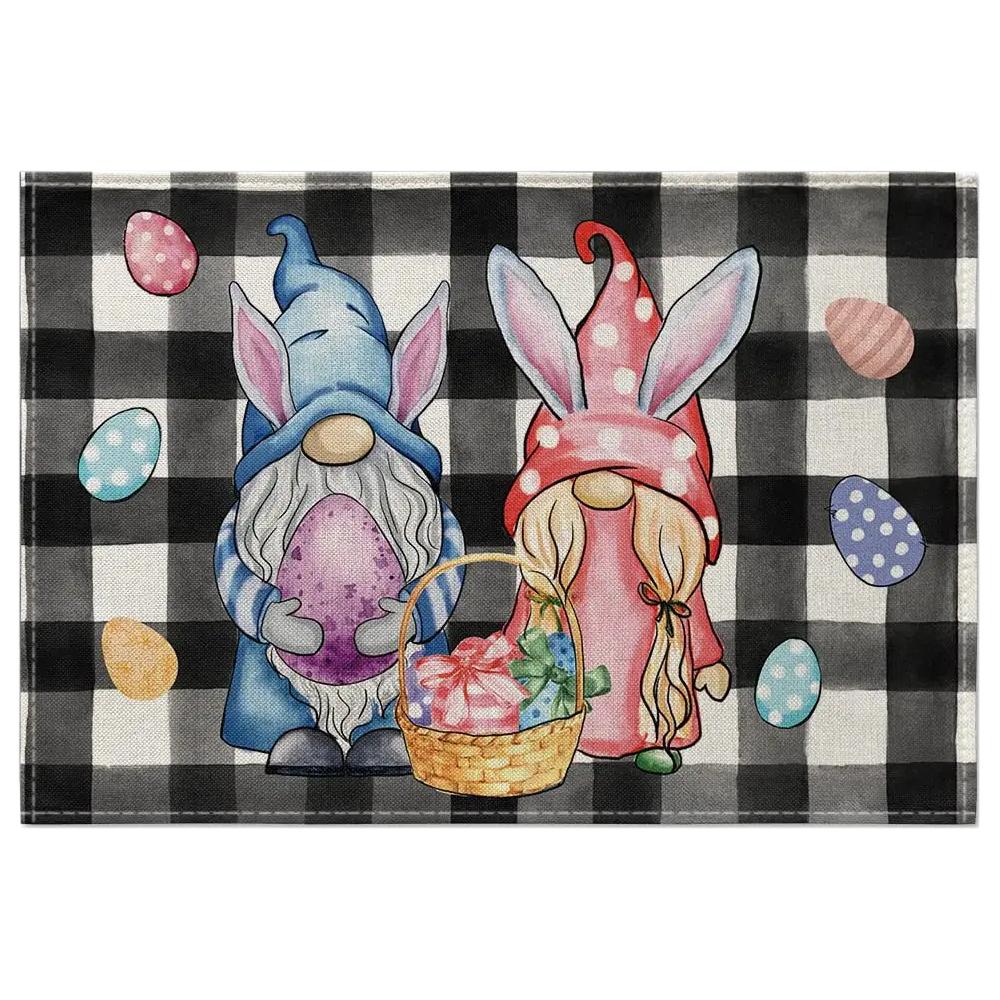 

Bunny Happy Easter Placemats Gnome Rabbit design Burlap Table Runner Spring Table Mats Easter Kitchen Decorations for Dinner