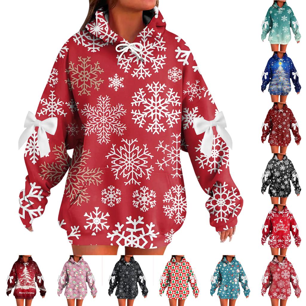 Ladies' Christmas Printed Bow Long Sleeved Loose Fitting Headband With Rope Hooded Sweatshirt Top