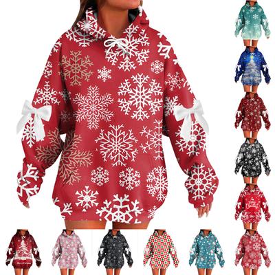 Ladies' Christmas Printed Bow Long Sleeved Loose Fitting Headband With Rope Hooded Sweatshirt Top