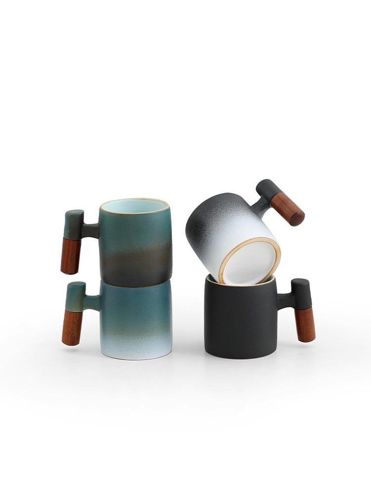 70 small capacity ceramic gradient wood handle latte coffee cup, coarse ceramic Japanese kiln made mug tea cup