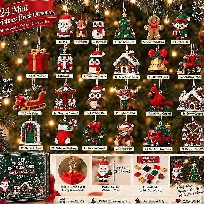 Christmas Brick Ornament Advent Calendar 2026, 24 Days Christmas Countdown with 24pcs Mini Models, Xmas Tree Hanging Ornaments, Xmas Gifts -New 9-28
