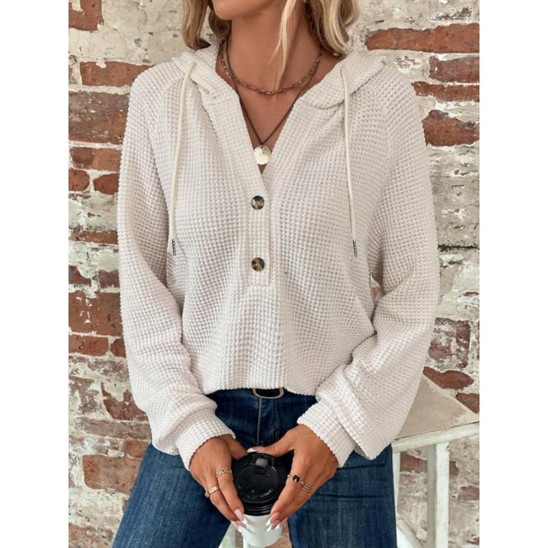 Women S Solid Color Hooded Buttoned Long Sleeve Sweatshirt