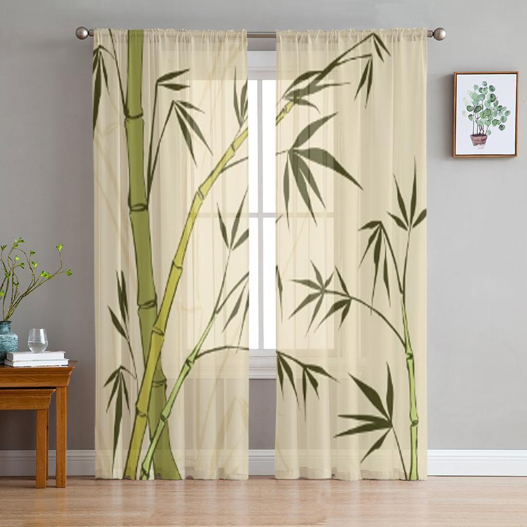 Bamboo Green White Chinese Style Plant Tulle Sheer Curtains for Living Room Bedroom Kitchen Decoration Voile Organza Curtains