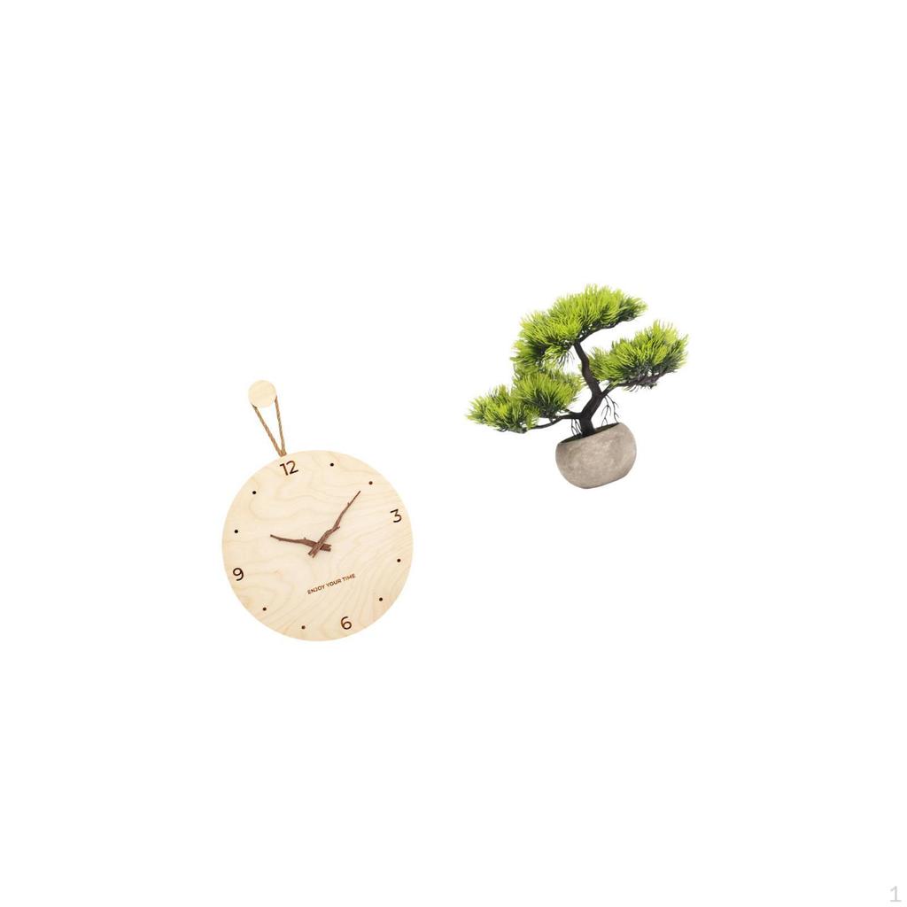 Minimalist Modern Nordic Wall Clock with Artificial Bonsai Tree Greenery Faux Plant Pot for Bedroom