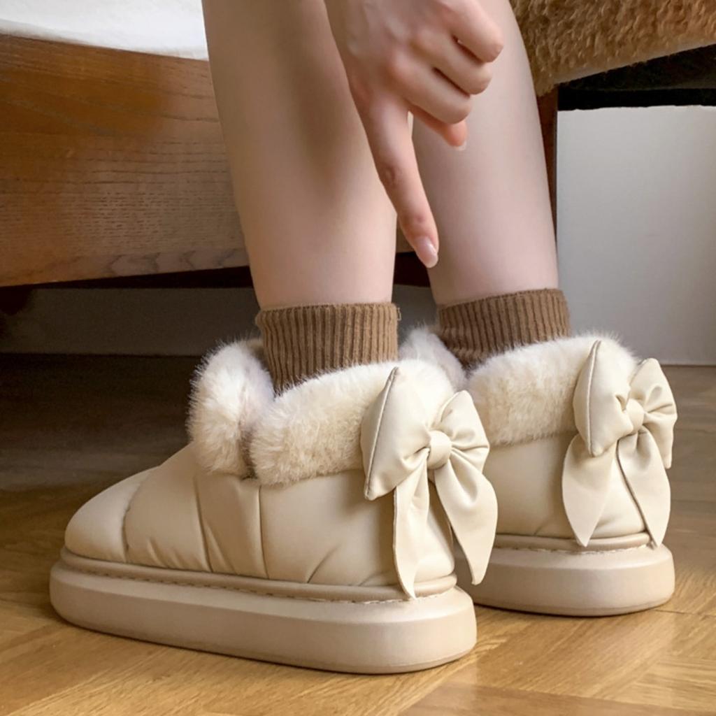 Butterfly Knot Cotton Slippers for Women In Winter, with A Bag Heel and Plush Cotton Shoes for Warmth and Thick Soles, Worn Externally