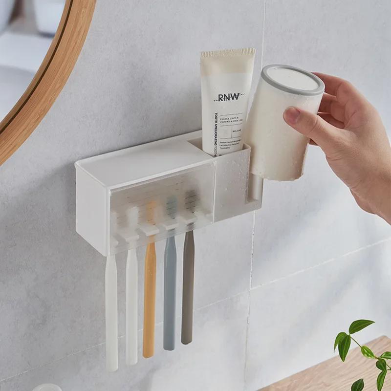 Punch-Free Japanese Wall-Mounted Bathroom Set: Toothbrush Holder & Mouthwash Rack