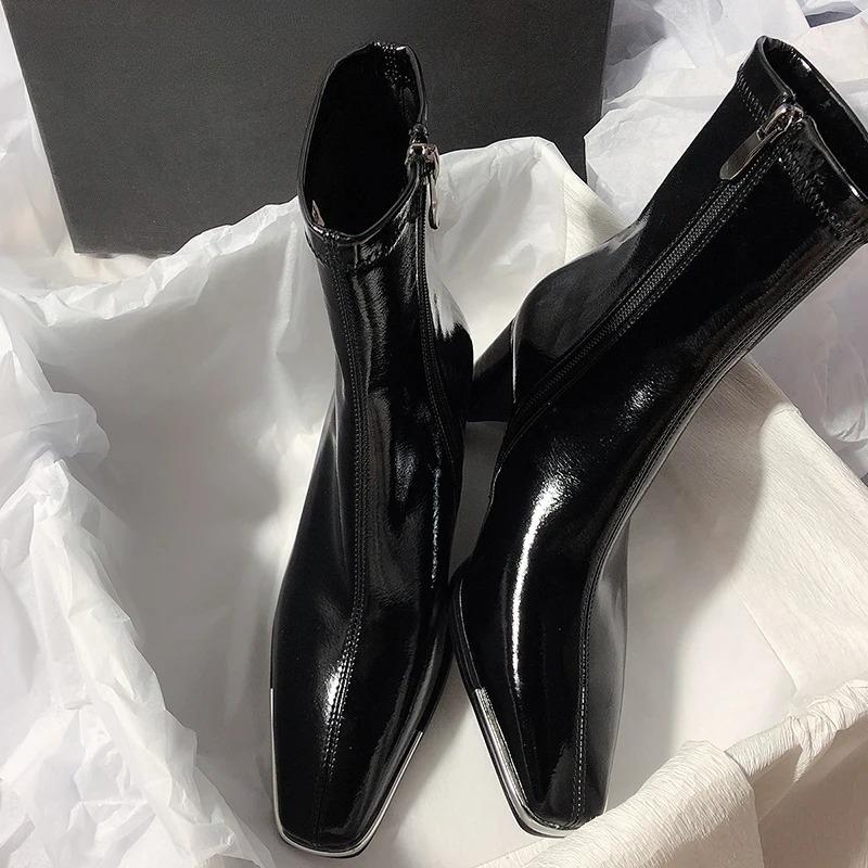 Thick Heel Women Ankle Boots Fashion Silvery Square Toe Autumn Winter Ladies Elegant Mordern Short Booties